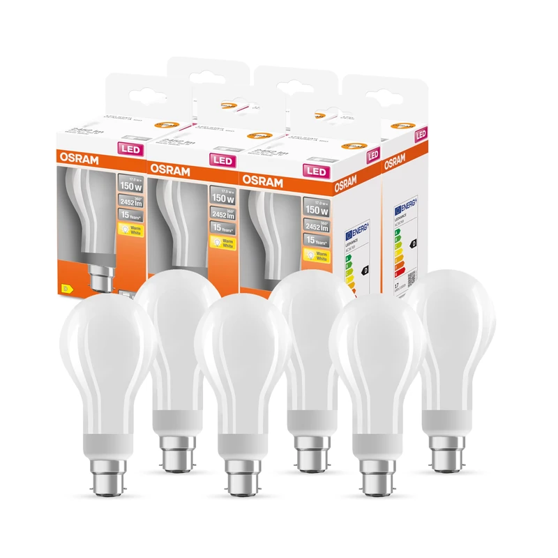 OSRAM Led Star Classic A150 Led Lamp for B22D Base, Pear Shape, Gl Fr, 2452 Lumens, Warm White (2700K), Replacement for Conventional 150W Light Bulbs, Not Dimmable, 6-Pack