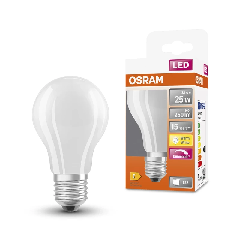 OSRAM Led Superstar Classic A25 Dimmable Led Lamp for E27 Base, Pear Shape, Gl Fr, 250 Lumens, Warm White (2700K), Replacement for Conventional 25W Light Bulbs, 6-Pack Pack