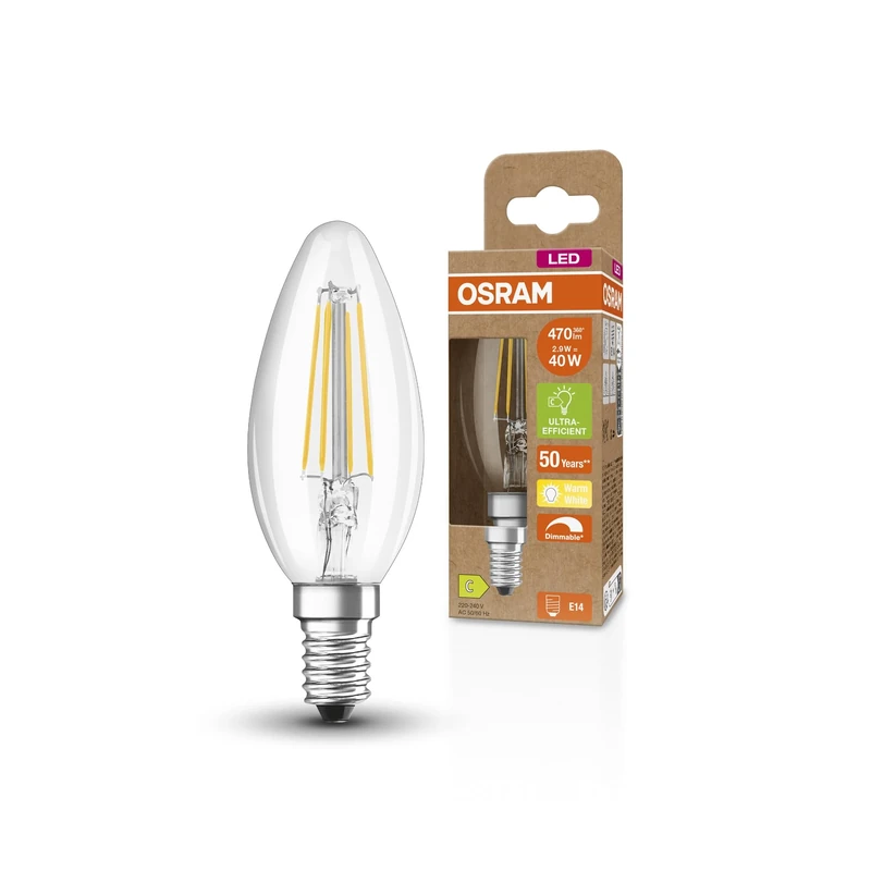 OSRAM Superstar+ Classic B Fil 40 Led Lamp, E14, Mini Candle Shape, 2.9W, 470Lm, 2700K, Warm White Light, Dimmable, Led Filament Technology, Very Low Energy Consumption, Energy Efficiency Class B