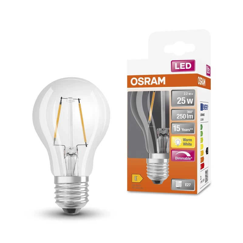 Osram Led Superstar Classic A25 Dimmable Led Lamp for E27 Base, Pear Shape, Fil, 250 Lumens, Warm White (2700K), Replacement for Conventional 25W Light Bulbs, 6-Pack Pack