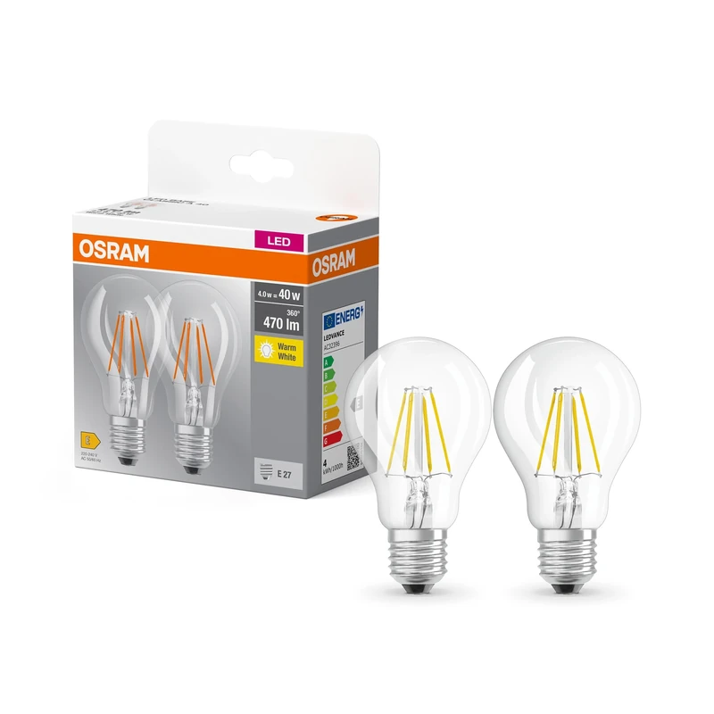 OSRAM Base Classic A Fil 40 Led Lamp with E27 Base, Classic Bulb Shape, Twin Pack, 4W, 470Lm, 2700K, Warm White Light, Low Heat Output, Long Life, Low Energy Consumption