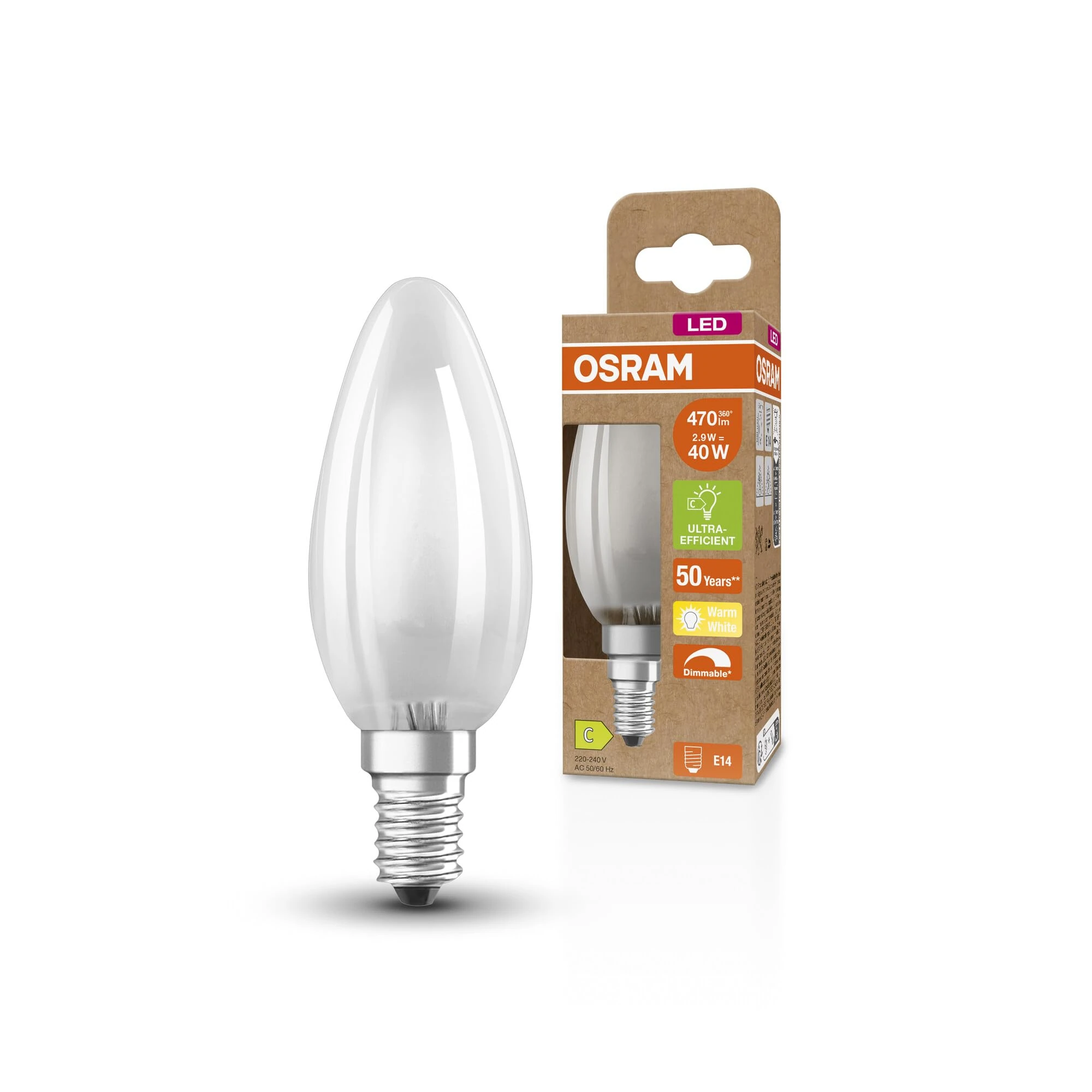 OSRAM Superstar+ Classic B Glfr 40 Led Lamp, E14, Mini Candle Shape, 2.9W, 470Lm, 2700K, Warm White Light, Dimmable, Led Filament Technology, Very Low Energy Consumption, Energy Efficiency Class B