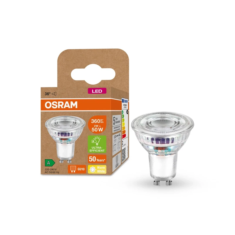 OSRAM Highly Efficient Par16 Reflector Lamp with Energy Efficiency Class B, Socket Gu10, 50W Replacement, 2W Nominal Power, 2700K (Warm White), Especially Power-Saving, Not Dimmable 6-Pack