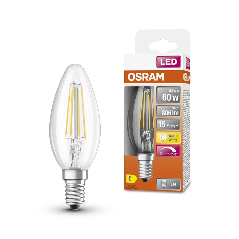Osram Led Superstar Classic B60 Dimmable Led Lamp for E14 Base, Candle Shape, Fil, 806 Lumens, Warm White (2700K), Replacement for Conventional 60W Light Bulbs, 6-Pack Pack
