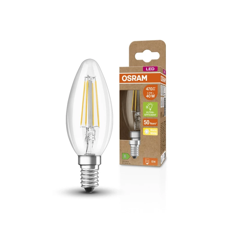OSRAM Superstar+ Classic B Fil 40 Led Lamp, E14, Mini Candle Shape, 2.5W, 470Lm, 2700K, Warm White Light, Led Filament Technology, Very Low Energy Consumption, Energy Efficiency Class B