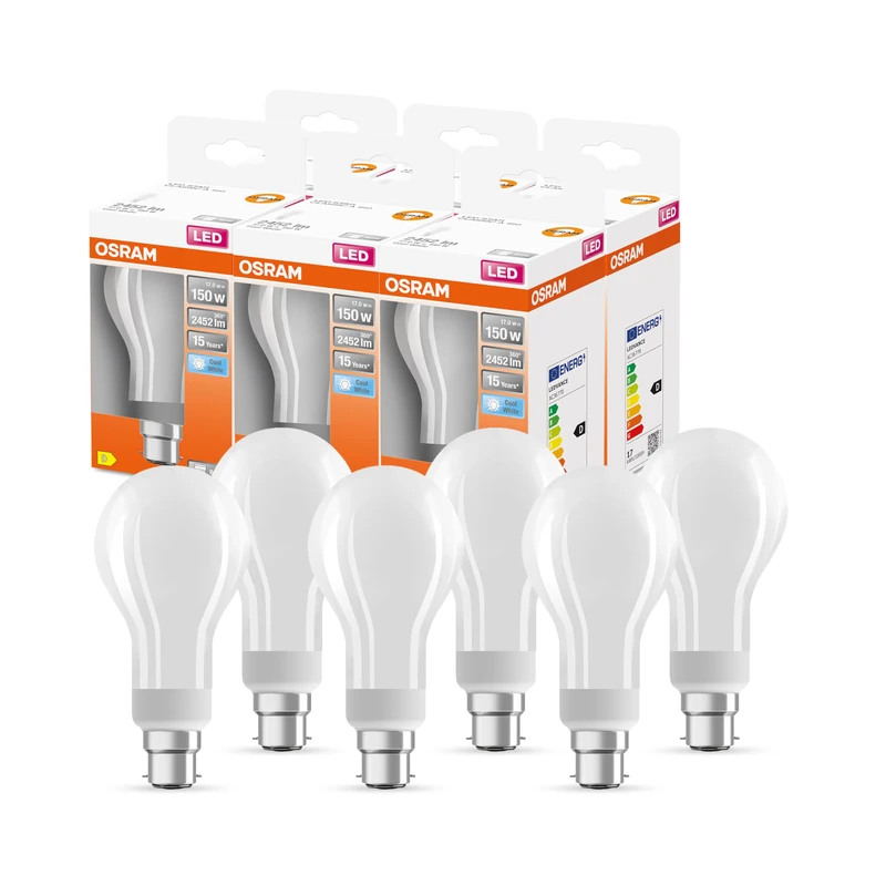 OSRAM Led Star Classic A150 Led Lamp for B22D Base, Pear Shape, Gl Fr, 2452 Lumens, Cold White (4000K), Replacement for Conventional 150W Light Bulbs, Not Dimmable, 6-Pack