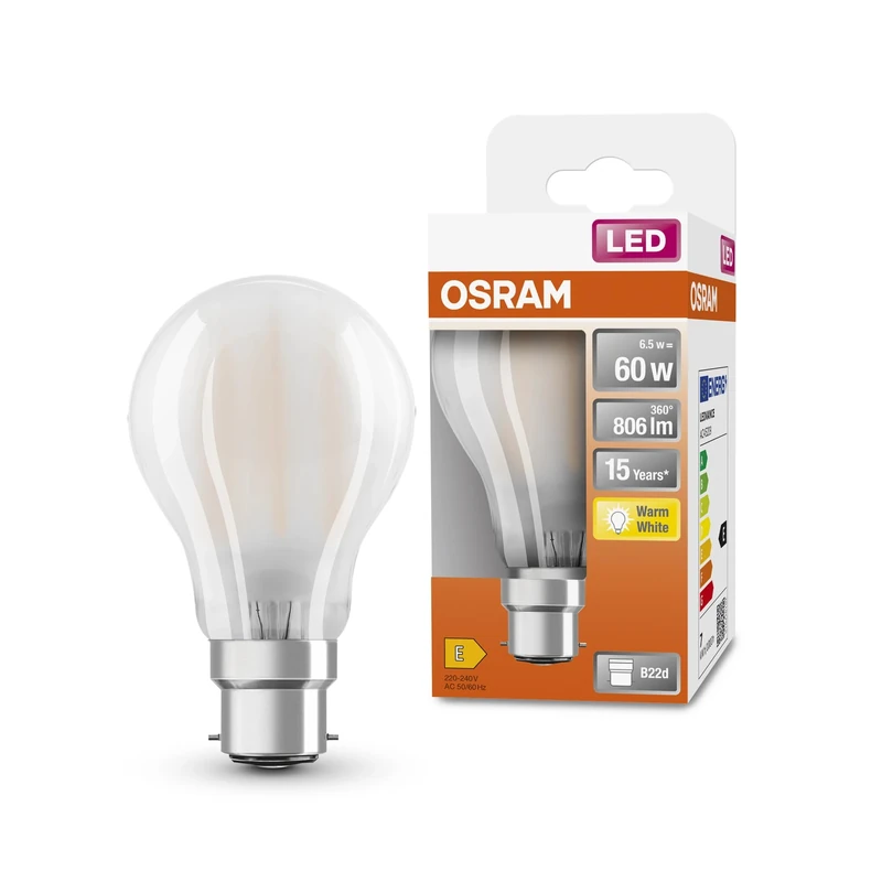OSRAM Led Star Classic A60 Led Lamp for B22D Base, Pear Shape, Gl Fr, 806 Lumens, Warm White (2700K), Replacement for Conventional 60W Light Bulbs, Not Dimmable, 6-Pack