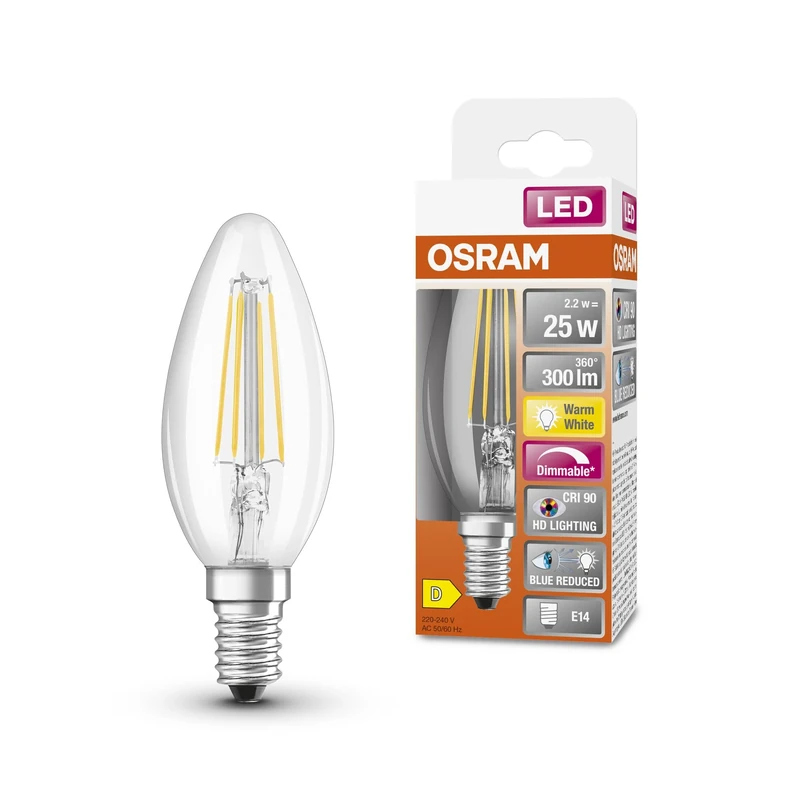OSRAM Superstar+ Classic B Fil 25 Led Lamp, E14, Mini Candle Shape, 2.2W, 300Lm, 2700K, Warm White Light, Reduced Blue Component, Low Eye Strain, Dimmable, Low Energy Consumption