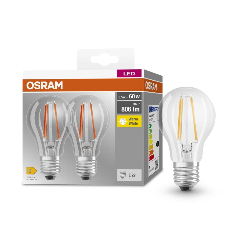 OSRAM Base Classic A Fil 60 Led Lamp with E27 Base, Classic Bulb Shape, Twin Pack, 6.5W, 806Lm, 2700K, Warm White Light, Low Heat Output, Long Life, Low Energy Consumption