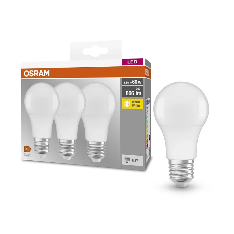 OSRAM Base Classic A 60 FR Led Lamp with E27 Base, Bulb Shape, Triple Pack, 8.5W, 806Lm, 2700K, Warm White Light, Low Heat Output, Very Low Energy Consumption, Long Life