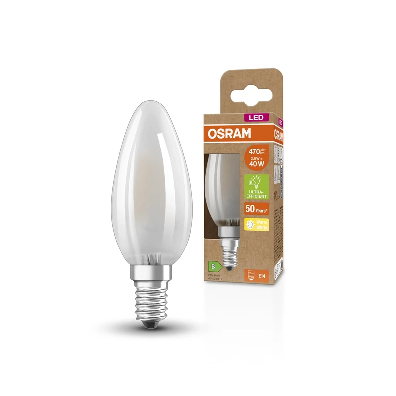 OSRAM Superstar+ Classic B Glfr 40 Led Lamp, E14, Mini Candle Shape, 2.5W, 470Lm, 2700K, Warm White Light, Led Filament Technology, Very Low Energy Consumption, Energy Efficiency Class B