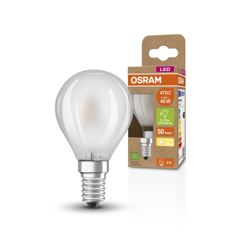 OSRAM Superstar+ Classic P Glfr 40 Led Lamp, E14, Mini Ball Shape, 2.5W, 470Lm, 2700K, Warm White Light, Led Filament Technology, Very Low Energy Consumption, Energy Efficiency Class B