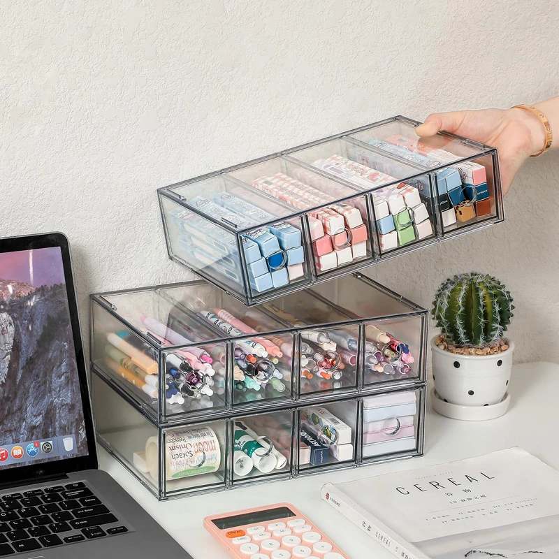 3-Pack Stackable Acrylic Storage Drawers, Desk Organizer Transparent Cosmetic Storage Boxes, 4 Compartment Design Suitable for Stationery, Dressing Table, Sunglasses, Jewelry Storage Organization