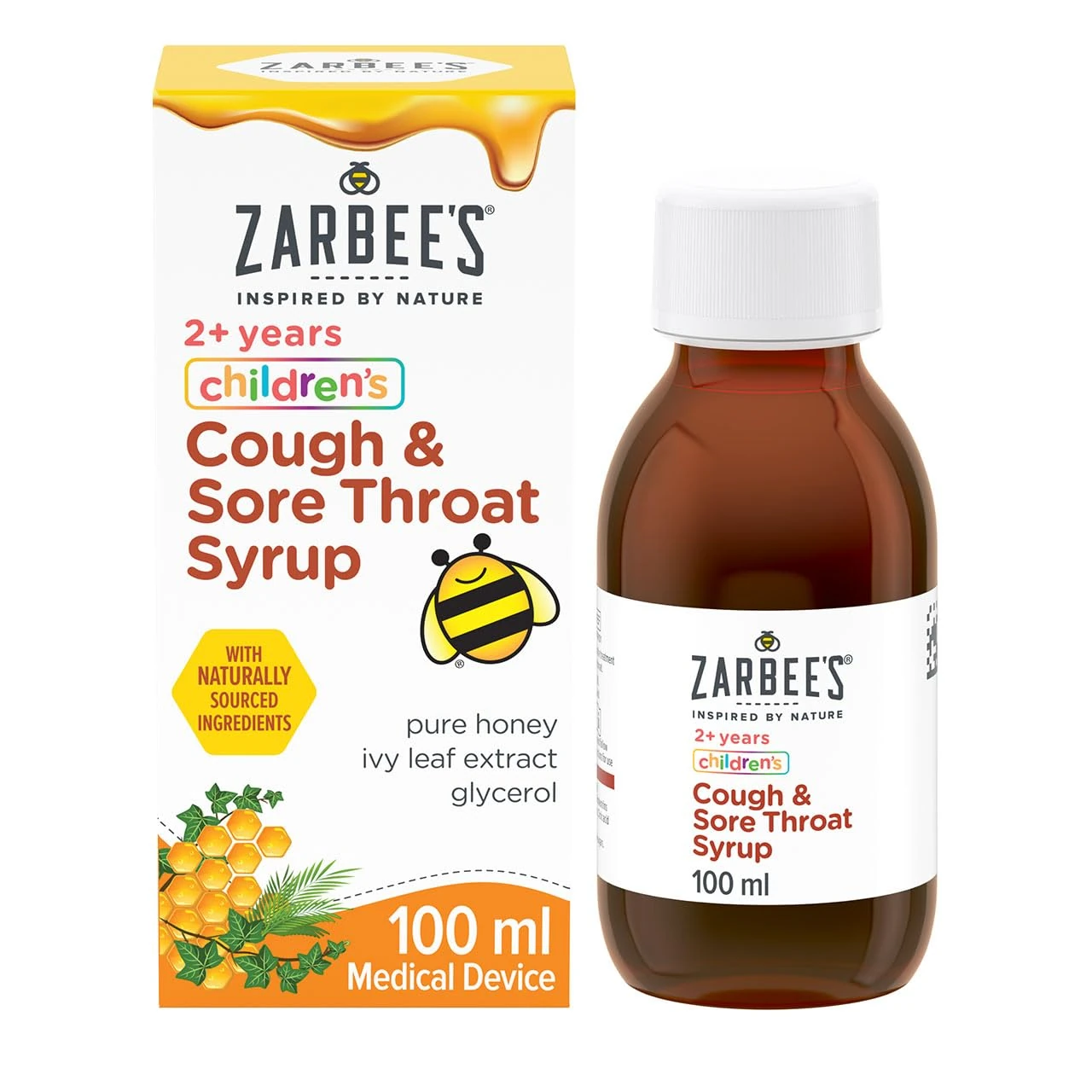 Zarbee's Children’s Cough & Sore Throat Syrup (1x 100ml), For Kids Aged 2+, Honey-Based Relief for Dry or Chesty Cough, Sore Throat Relief, Alcohol Free, Free from Lactose
