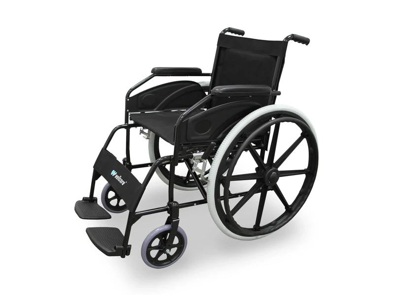 WELLCORE Folding Wheelchair, Self-propelling, Aluminum, Lightweight, Compact, High Strength, Solid Wheels, Hand Brakes, Padded Armrests, Flip Foot Rest