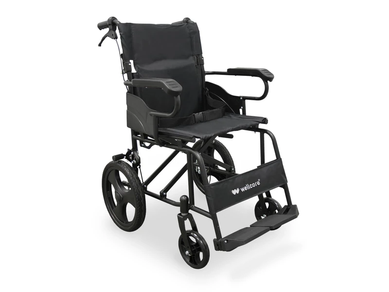WELLCORE Folding transfer wheelchair, Steel frame, Lightweight and compact, Solid castors, Handle operated brakes, Folding backrest, Seat width 46 cm, Up to 100 kg
