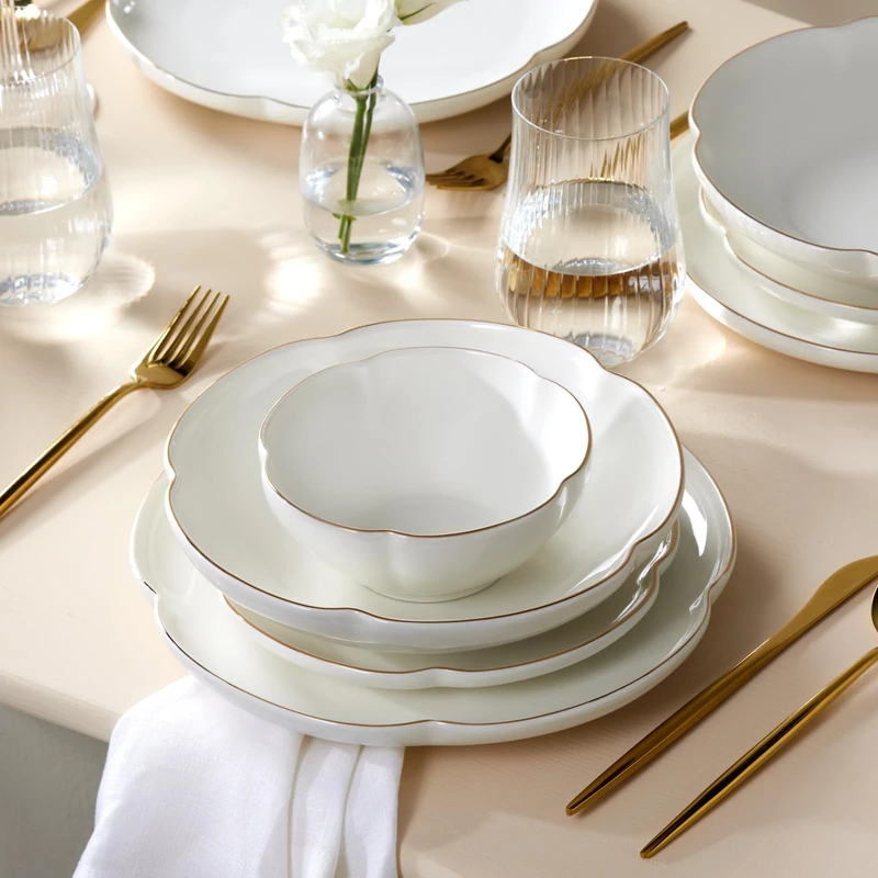 Karaca Flora Modern Plates and Bowls Set - White Dinner Plate Set for 6 People, 24-Piece Dinnerware Sets with Dessert, Side Plates & Pasta Bowls - Gold Detailing