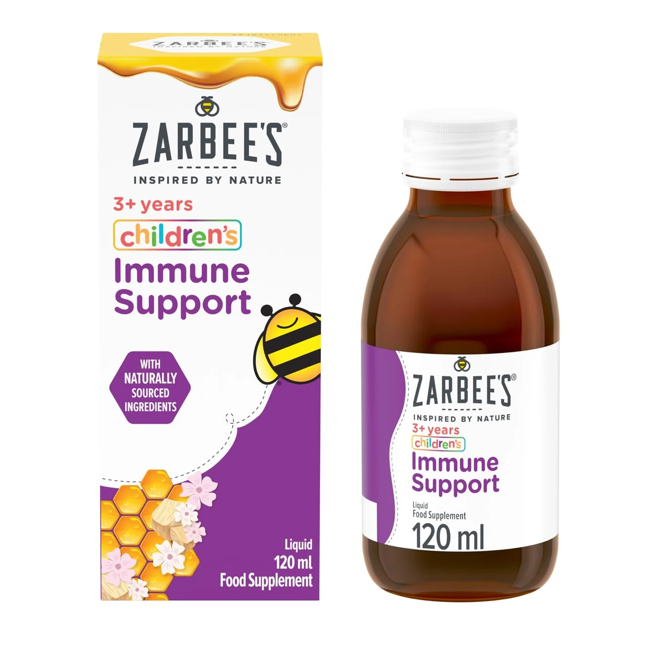 Zarbee's Children’s Immune Support, 120 ml, Berry Flavoured, For Kids Aged 3 And Up, Pure Honey, Marshmallow Root Extract, Vitamin D and Biotin, No Artificial Colours or Flavours