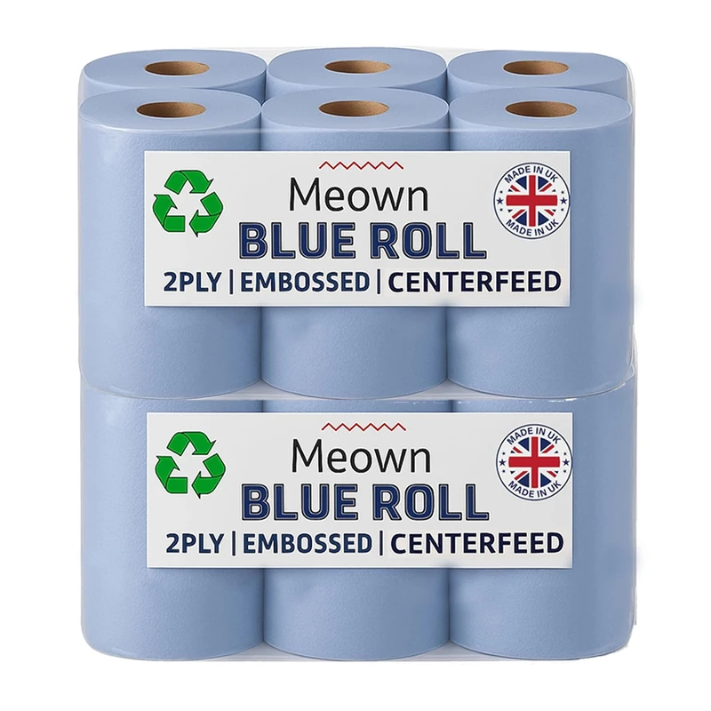 Meown Blue Centrefeed Roll 2-Ply – Heavy Duty Embossed Cleaning Towels | Perforated, Absorbent Blue Paper & Industrial Tissue Roll for Kitchen, Garage, Home, Commercial Use – Pack of 2 (12 Rolls)