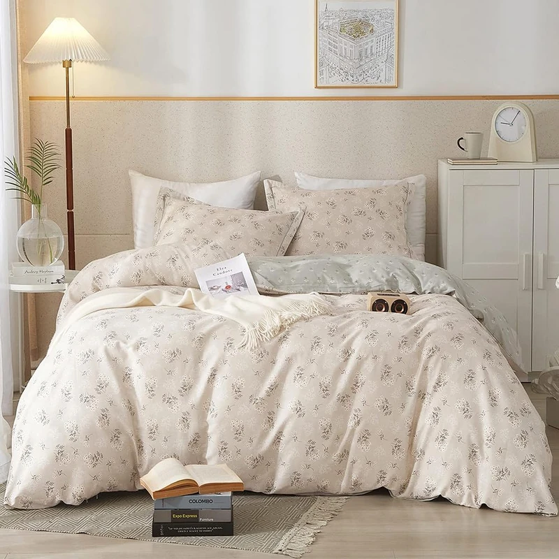 HighBuy Boho Floral Duvet Cover Full Cotton Aesthetic Bedding Set,Comforter Cover 3 Piece,Reversible Green Garden Lightweight,Soft,Zipper Closure,Breathable,All Season