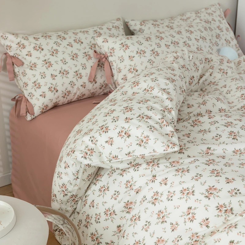 mixinni Garden Style Girls Pink Flower Leaves Pattern Duvet Cover Set Queen Floral 3Pcs Cotton Bedding Set 1 Duvet Cover with 2 Bow Tie Pillowcases for Women, Easy Care, Soft Breathable-Queen Size