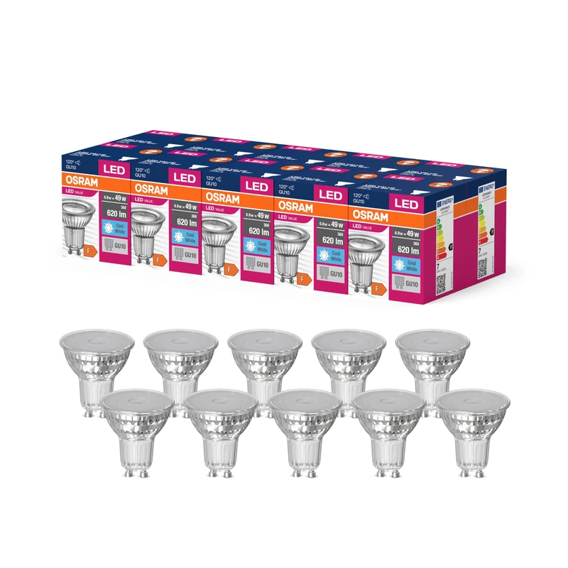 OSRAM Led Star Value Par16 Led Lamp for Gu10 Base, Reflector Lamp, Gl, 620 Lumens, Cold White (4000K), Replacement for Conventional 49W Light Bulbs, Not Dimmable, 10-Pack