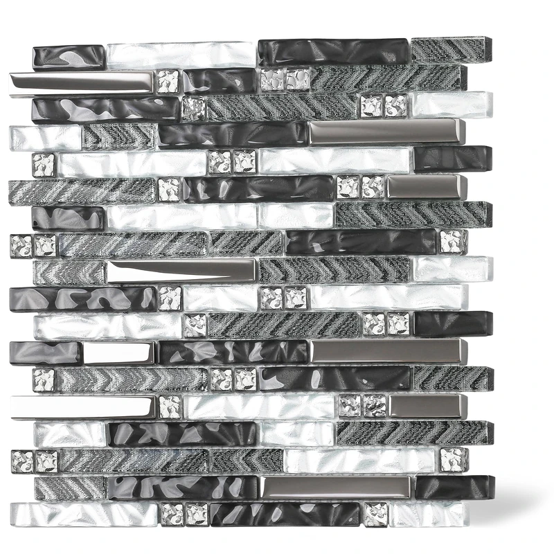 Elephantile Silver Black Glass Mosaic Tiles 5 Sheets, 12x12 Modern 3D Crystal Linear Tiles, Interlace Metallic Textured Glass Tiles for Kitchen Backsplash Art Accent Wall Bathroom Shower Wall Border