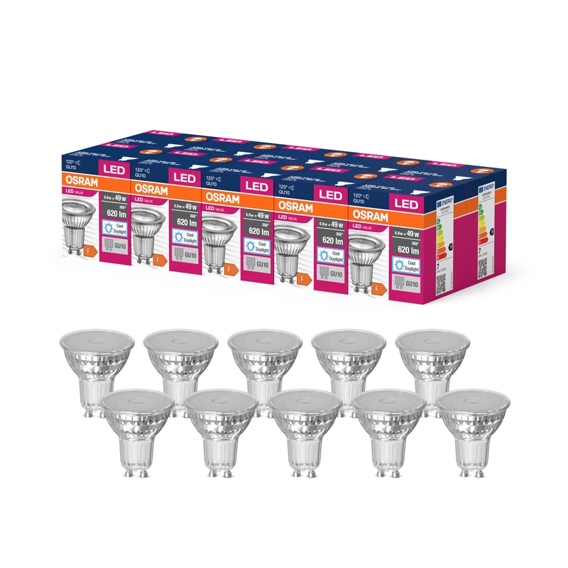 OSRAM Led Star Value Par16 Led Lamp for Gu10 Socket, Reflector Lamp, Gl, 620 Lumens, Daylight White (6500K), Replacement for Conventional 49W Light Bulbs, Not Dimmable, 10-Pack