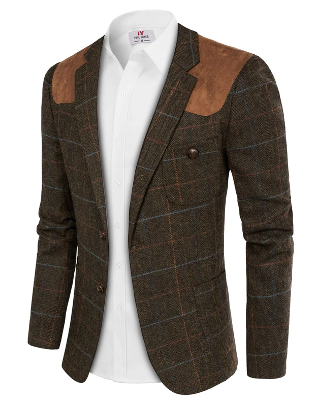 PJ PAUL JONES Men's Blazer Herringbone Tweed Sport Coats Two Button Wool Blend Formal Jacket, Brown, XXL