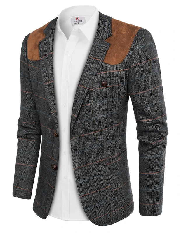 PJ Paul Jones Mens British Wool Blend Suit Blazer Patchwork Tweed Sport Coats, Dark Grey-New, S