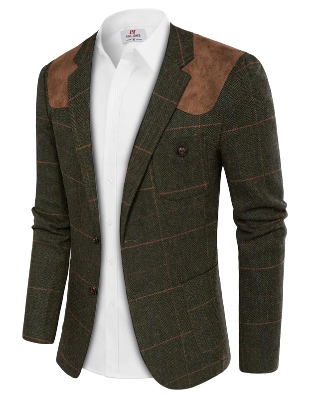 PJ Paul Jones Mens British Wool Blend Suit Blazer Patchwork Tweed Sport Coats, Dark Green-Plaid, M