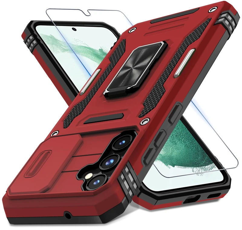 DEERLAMN Case for Samsung Galaxy S23 FE with Slide Camera Cover+Screen Protector(1 Pack),Rotated Ring Kickstand Military Grade Shockproof Protective Cover-Red