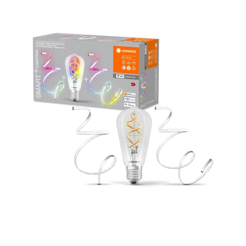 LEDVANCE Smart+ Bundle Made of Dimmable WiFi Edison Filament Lamp + 2M-RGB Light Band + Matching 1M Extension, Light Color Can Be Changed (2700-6500K), Controllable with Alexa, Google and Smartthings