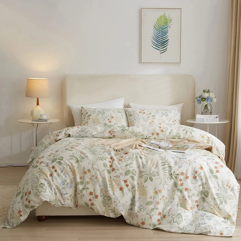 EAVD Duvet Cover with Fresh Botanical Floral Pattern, 100% Cotton, with 2 Pillowcases, Vintage Style, Beautiful Duvet with Zipper, White