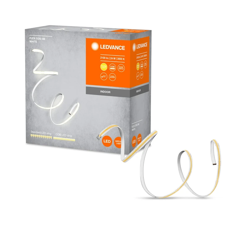 LEDVANCE Flex Cob 5M Led Strip, Yellow, 22W, 1750Lm, Warm White Light, Cob Technology, Homogeneous Light Distribution, Long Life, Easy to Install, for Indoors, Ip20, 3000K