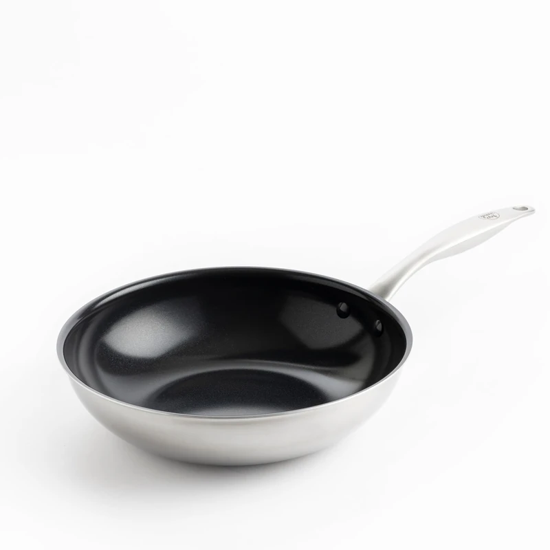 GreenChef Profile Plus Healthy Ceramic Non-Stick Stainless Steel 28cm/3.6L Wok Frying Pan, Stir Fry, PFAS Free, Induction, Heavy-Duty, Oven safe up to 200˚C, Silver & Black Interior