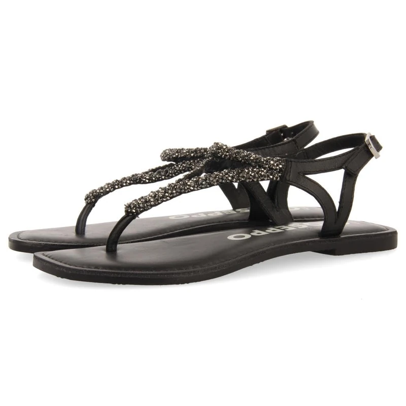 GIOSEPPO Black Leather Sandals with PEDRERÍA for Women USTICA, Black/White, 4 UK