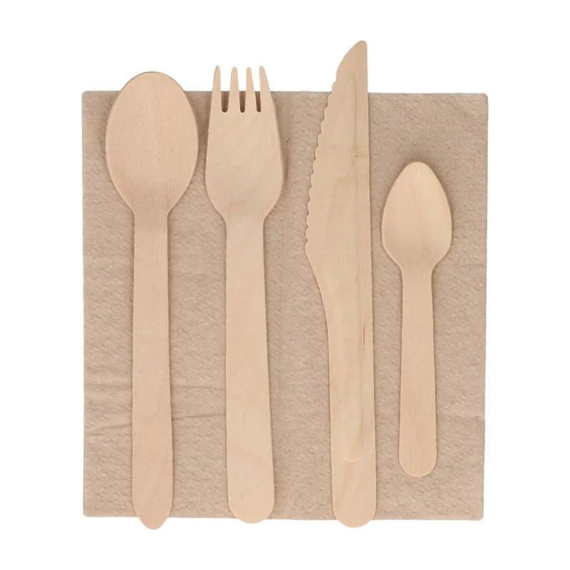 Bunzl Set of 5 Wooden Pieces: Spoon, Fork, Knife, Teaspoon and Napkin - Kraft