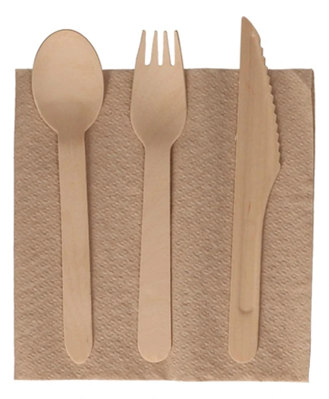 Bunzl Set of 4 Wooden Parts: Spoon, Knife, Fork and Napkin - Kraft - Image 1