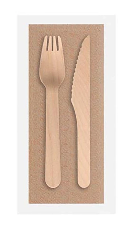 Bunzl Set of 3 Wood: Fork, Knife and Napkin - Kraft - Image 1