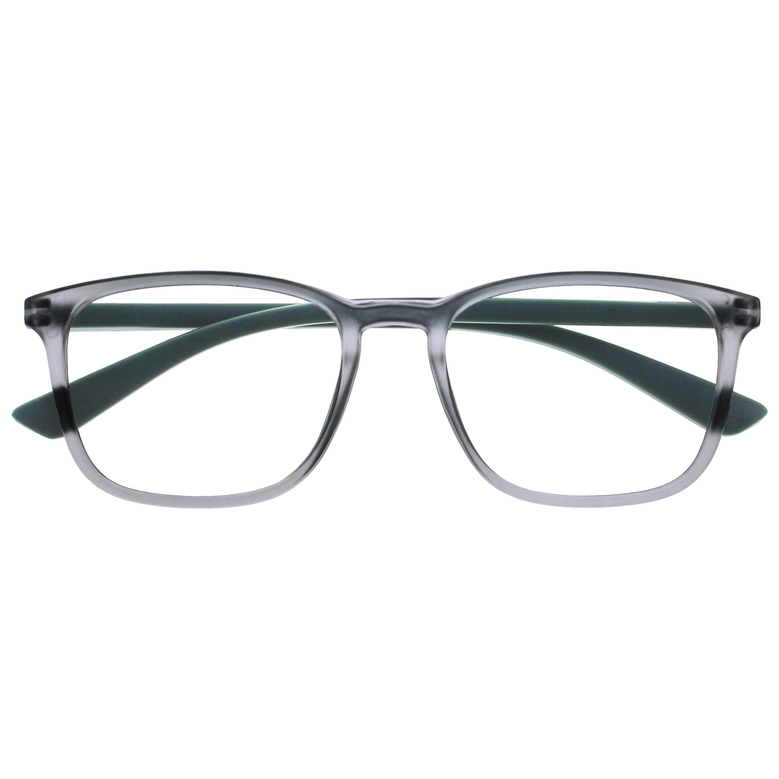 OPULIZE Max Reading Glasses - Classic Large Rectangular Frame - Matt Transparent Grey with Green Arms - Men's Women's Unisex - Spring Hinges - R78-7 - +3.50