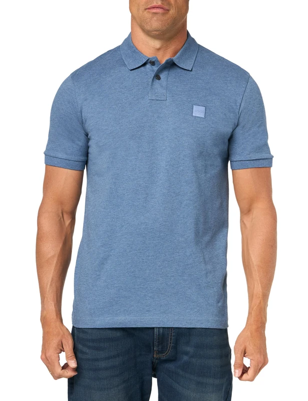 BOSS Men's Square Patch Logo Slim Fit Pique Polo Shirt, Pastal Blue Melange, S - Image 1