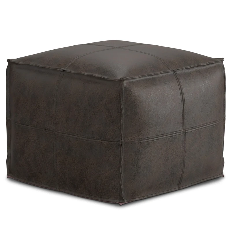 SIMPLIHOME Sheffield Square Pouf - 18" Wide x 14" High Genuine Leather Ottoman in Distressed Dark Brown, Boho-Style Footrest, Extra Seating, or Accent Piece for Living Room or Bedroom, Assembled
