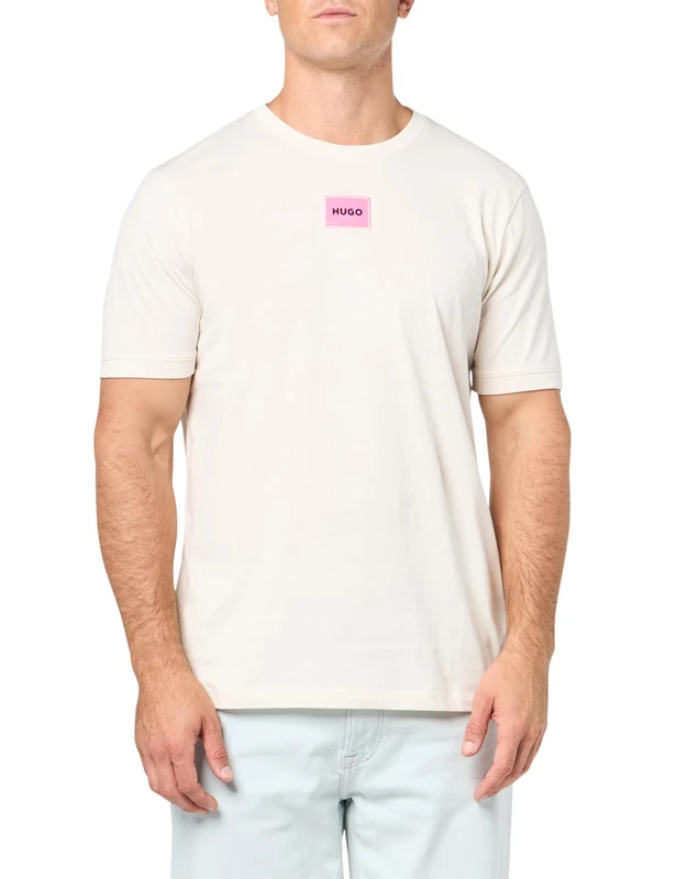 HUGO Men's Ribbed Crew Neck Regular Fit Center Logo T-Shirt, Whisper Cream, XXL