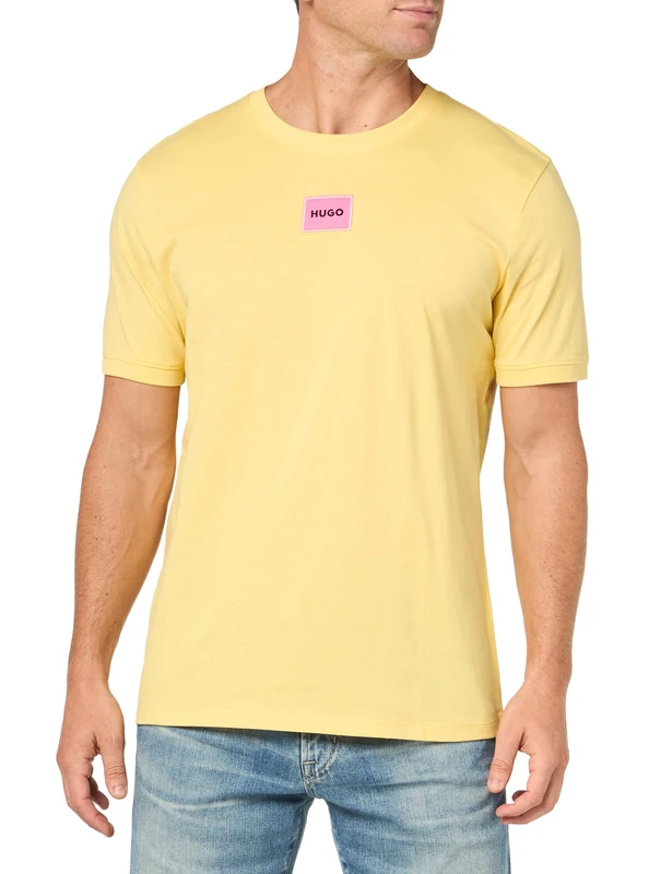 HUGO Men's Ribbed Crew Neck Regular Fit Center Logo T-Shirt, Banana Milkshake, S