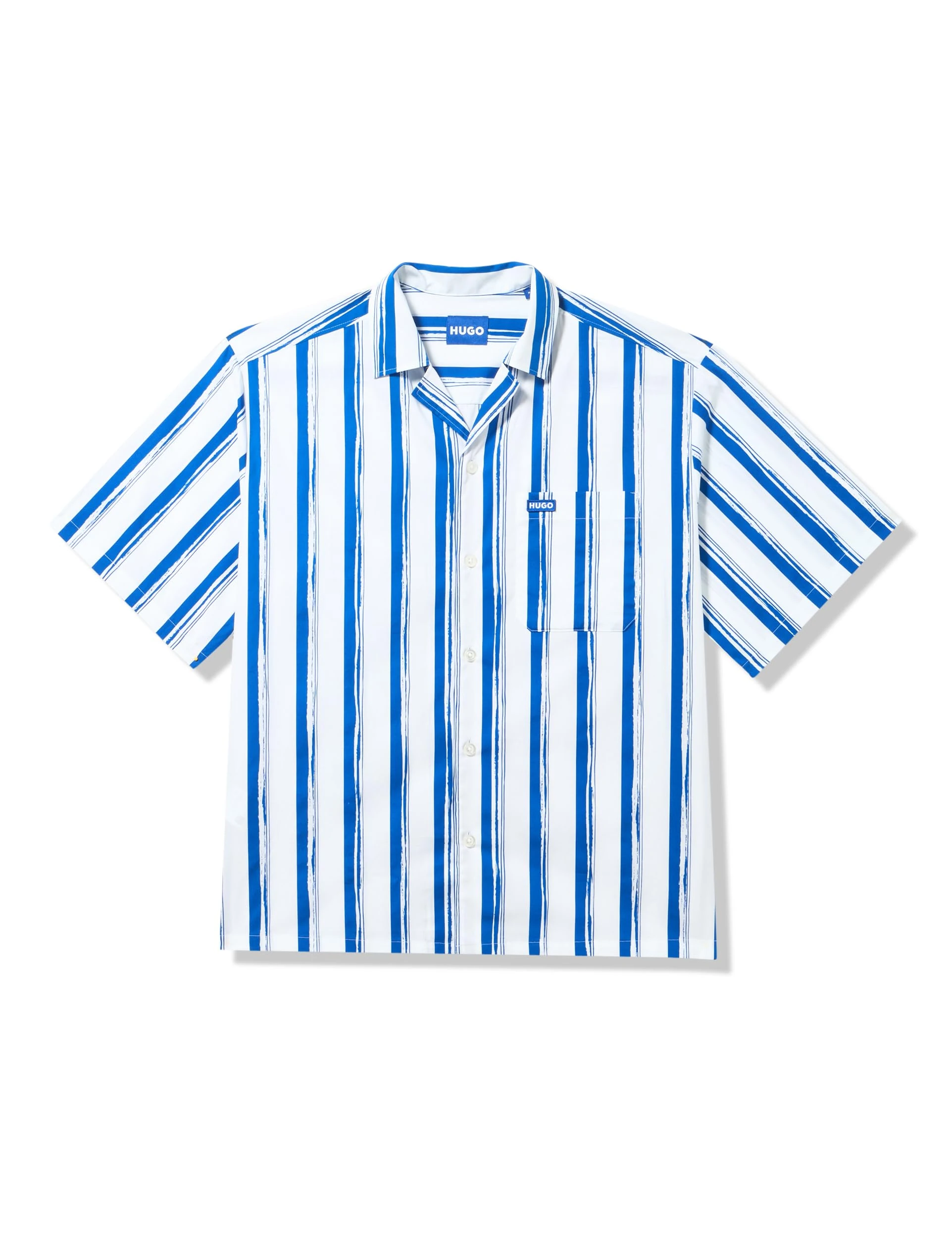 HUGO Men's Printed Short Sleeve Button Down Shirt, Blue Stripe, S