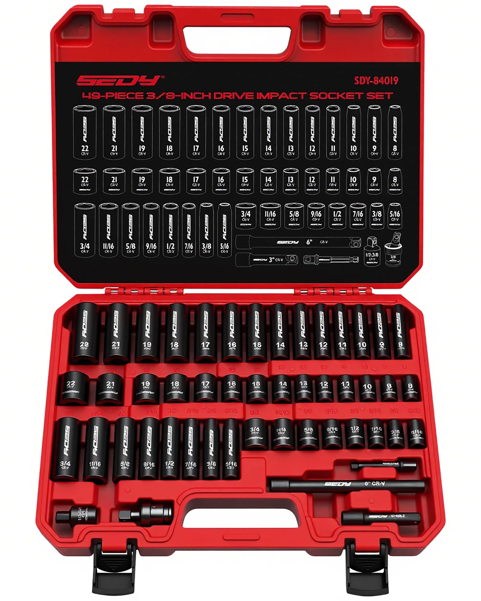 3/8" Drive Impact Socket Set - 49-Piece SAE (5/16 to 3/4 inch) and Metric (8-22mm) Sizes with Extension Bars and Universal Joint Standard & Deep CR-V Material for High Durability Impact Wrench