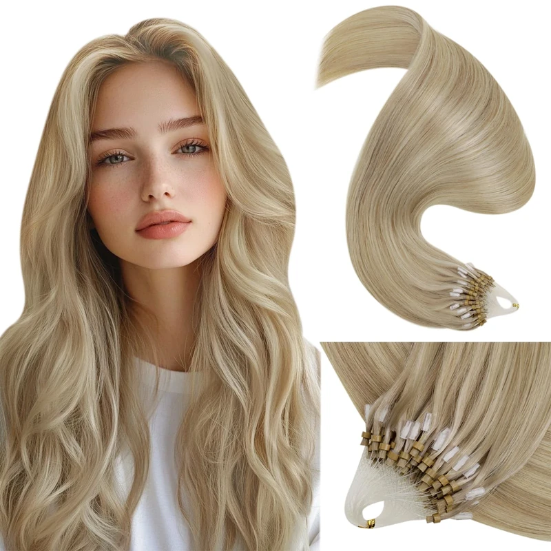 LaaVoo Human Hair Extensions Micro Ring 20 Inch Real Remy Straight Highlight Ash Blonde with Golden Blonde Invisible Micro Beads Hair Extensions 50g 50s #16/22
