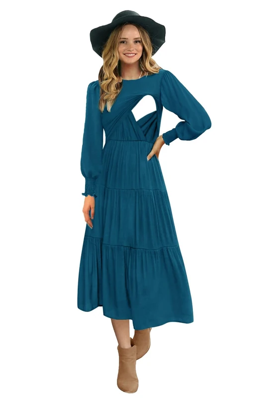CzzzyL Womens Flutter Long Sleeve Smocked Tiered Nursing Dress for Breastfeeding, Purplishblue-09, M - Image 1