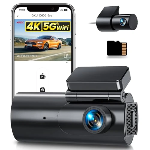 GKU 4K Dash Cam Front and Rear WiFi Dashcam with 64GB SD Card,Dual Car Camera Dash Cam with Parking Monitor,Night Vision,WDR,170° Wide Angle,G-Sensor,Loop Recording,APP Control,Max 256GB